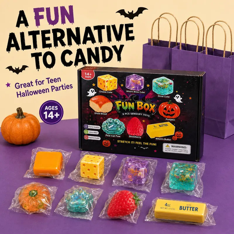 8-Piece Halloween Squishy Surprise Box, Sensory Fidget Squeeze Toy Set, Soft Stretchy Stress Relief Toys, Indoor Leisure Activity, Halloween Gifts & Party Favors