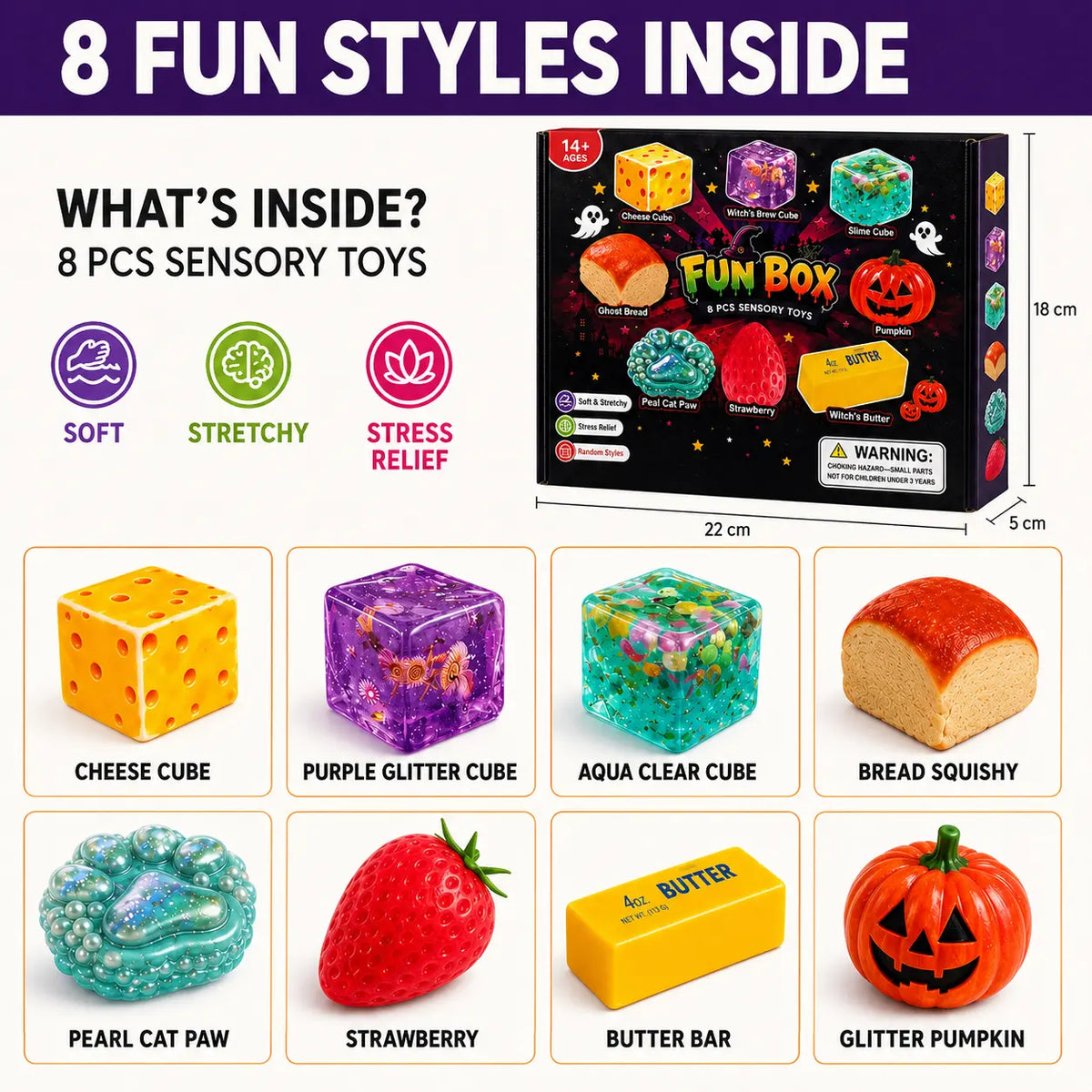 8-Piece Halloween Squishy Surprise Box, Sensory Fidget Squeeze Toy Set, Soft Stretchy Stress Relief Toys, Indoor Leisure Activity, Halloween Gifts & Party Favors