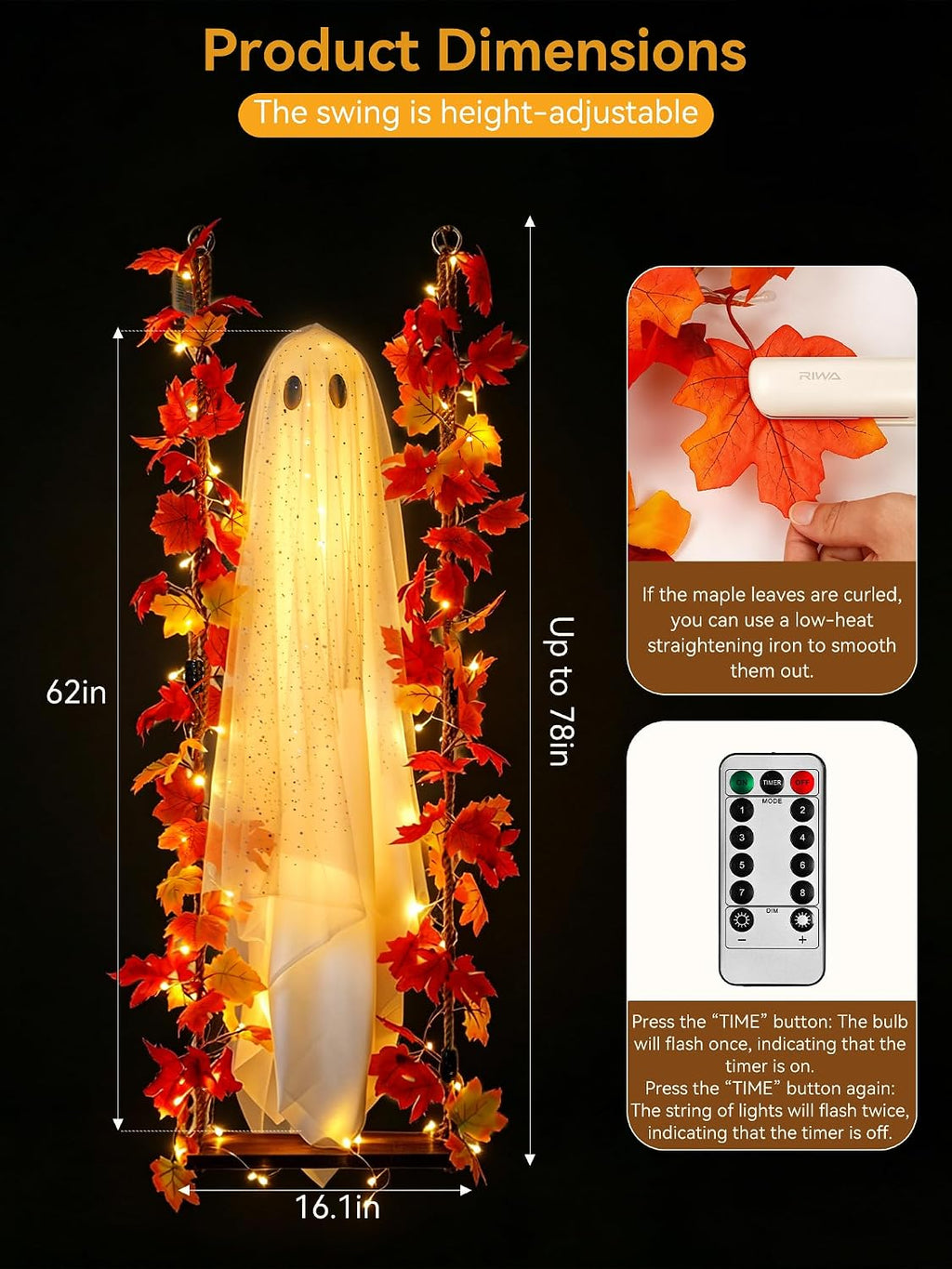 Halloween Decorations Hanging Ghost Decor with a Maple Leaf Swing Ghost Light