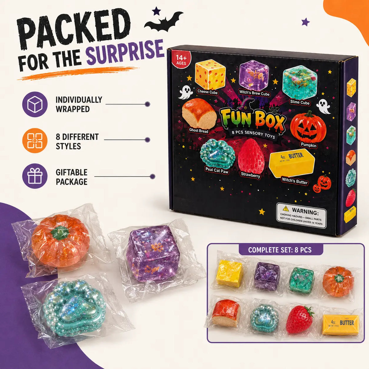8-Piece Halloween Squishy Surprise Box, Sensory Fidget Squeeze Toy Set, Soft Stretchy Stress Relief Toys, Indoor Leisure Activity, Halloween Gifts & Party Favors